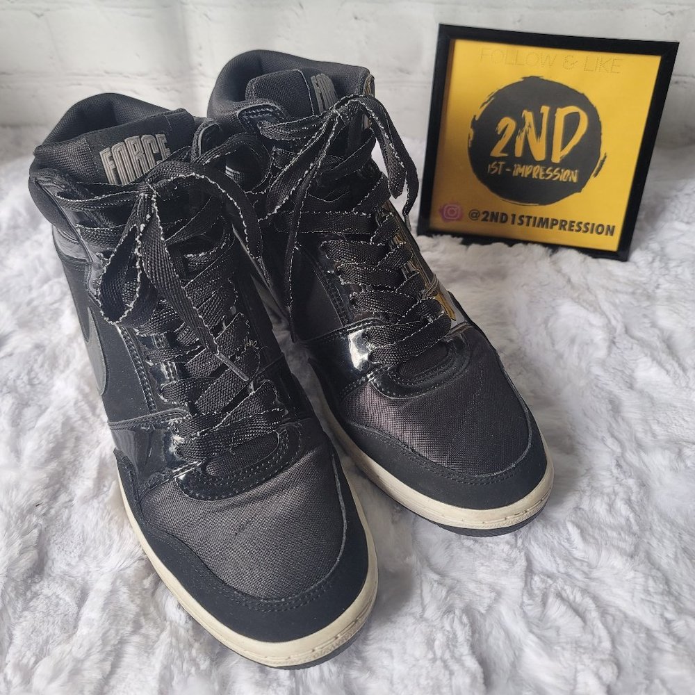 NIKE Woman Air Force Sky High Top Dunks Hidden Wedge Black Sneakers Size 9.5